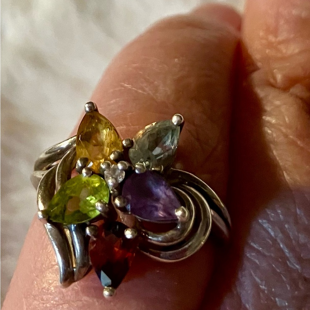 Silver Semi Precious Stones Flower Ring 7